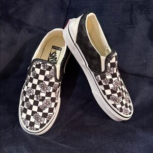 Vans Black and White Floral Checkerboard Slip-Ons